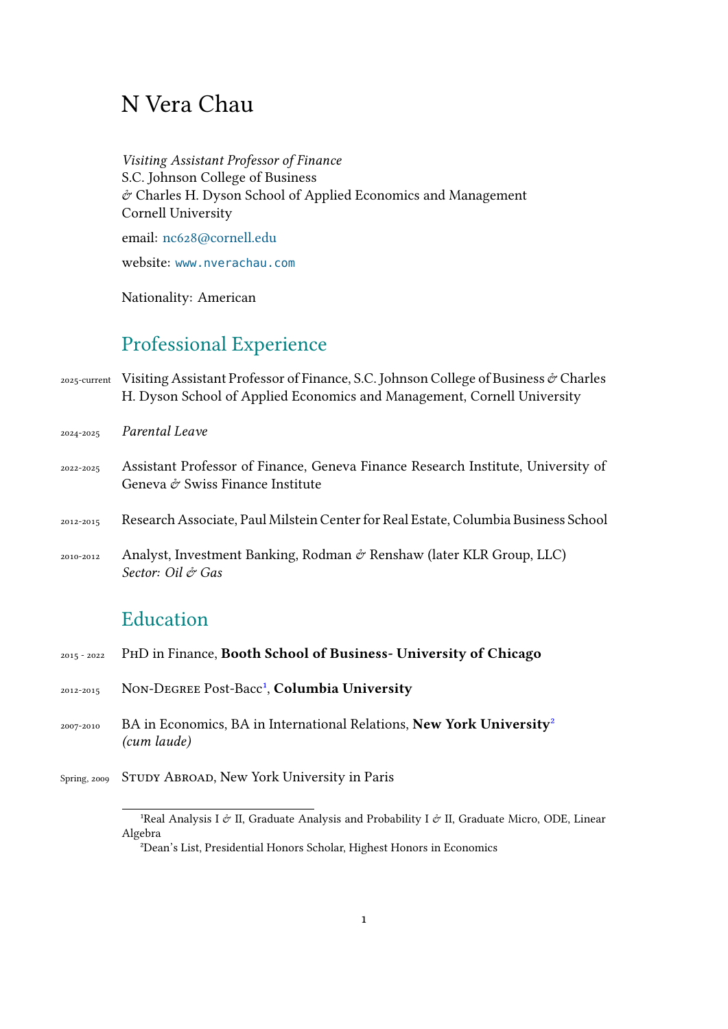 CV page 1: contact information, professional experience, and education.
