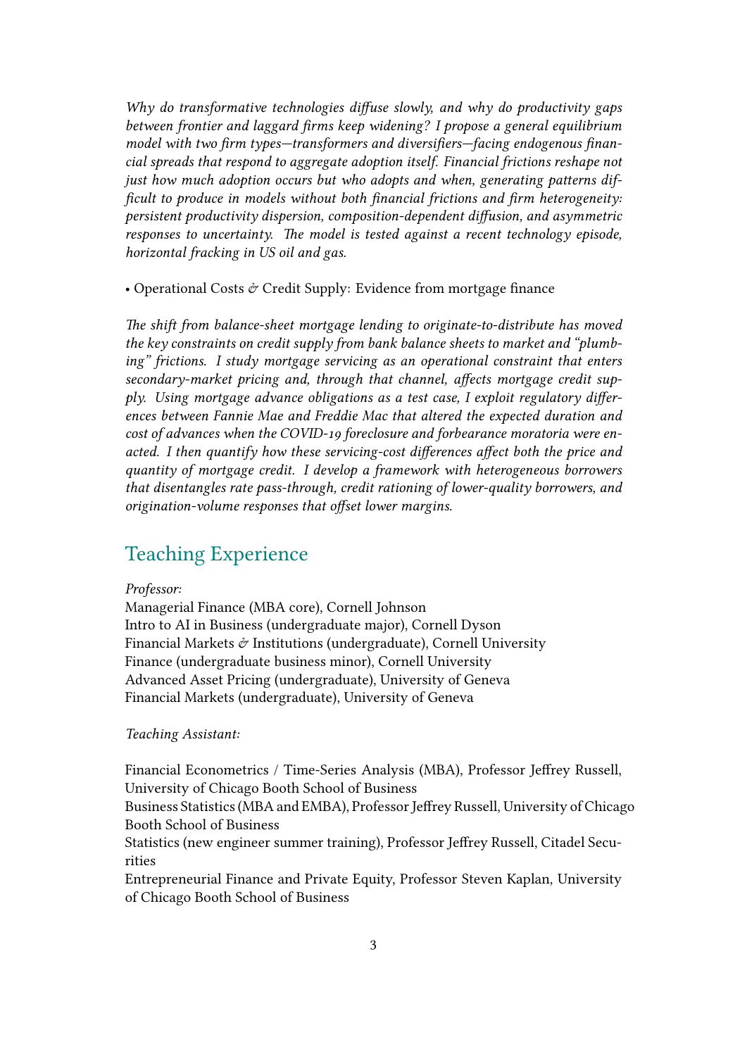 CV page 3: research and teaching experience, including Managerial Finance at Cornell Johnson and Intro to AI in Business at Cornell Dyson.